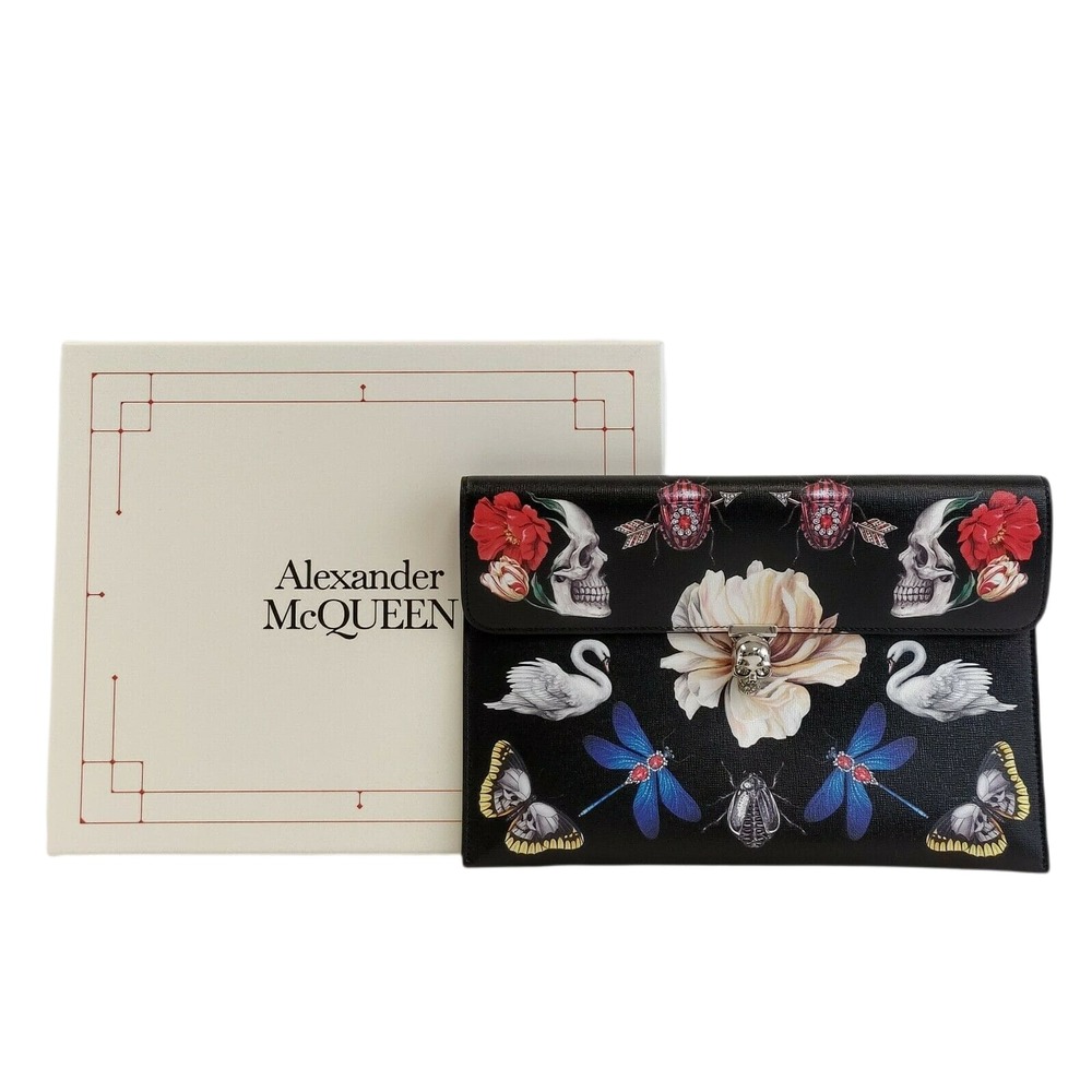 Alexander McQueen Black Leather Flower Animal Skull Clutch 554197 1090 - Picture 8 of 11